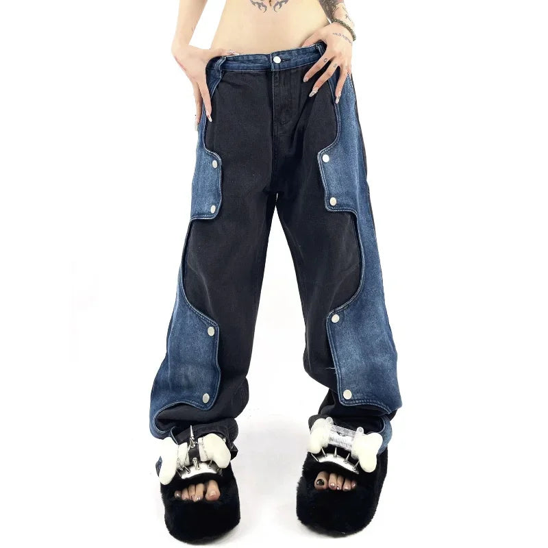 Caspia - Pantalon oversize en jean aspect patchwork contrasté
