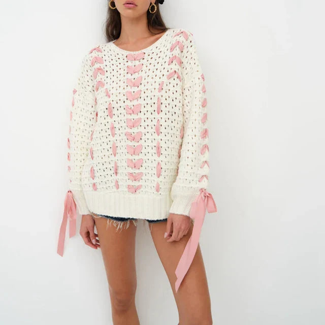 Luna - Pull tricoté avec laçage et motif coeurs