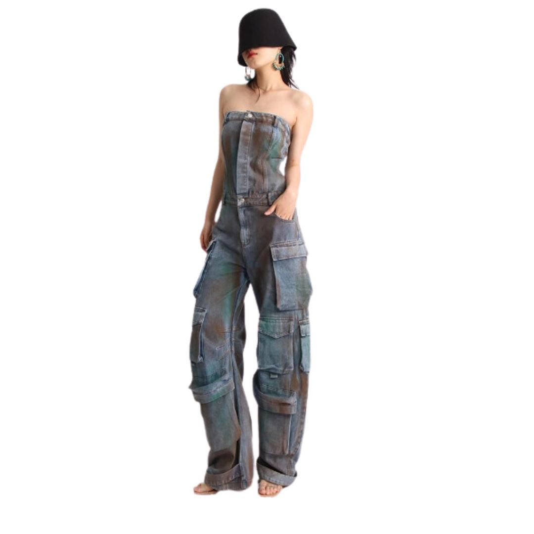Zoe - Combinaison bustier en jean avec poches cargo